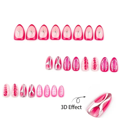 Y2K Style Künstliche Nägel Kurz Mandel Pink Rose Rot Verlauf Mit 3D Silber Flüssigmetall Und Sternenmustern