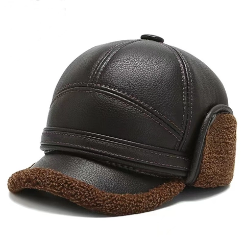 Gorra De Béisbol De Invierno Para Hombre De Cuero PU Con Protección Para Los Oídos Forro Polar Cálido Cortavientos
