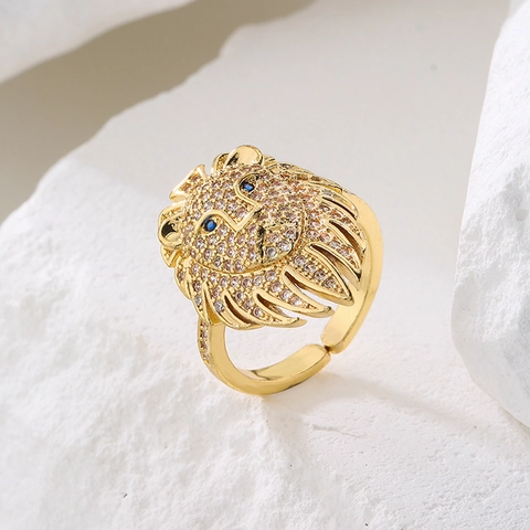 Lion Head Relief Adjustable Ring Copper Gold Plated With Zircon Hip Hop Punk Geometric Fashion For Women