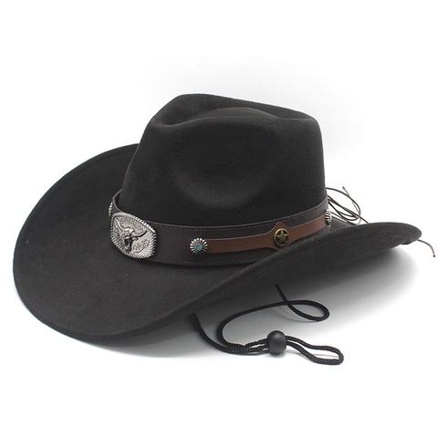 Western Cowboy Hat Suede Wide Brim Bull Head Buckle Star Rivets Vintage Ethnic Style For Men Women