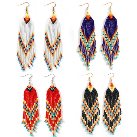 Bohemian Tassel Earrings Beaded Handmade Long Drop Ethnic Geometric Stainless Steel Post Women Vacation Jewelry
