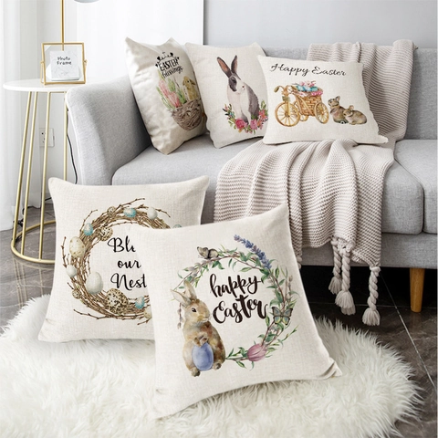 Easter Kissenbezug Leinen Aquarell Hase Bunte Eier Bauernhaus Frühling Deko Haus Sofa