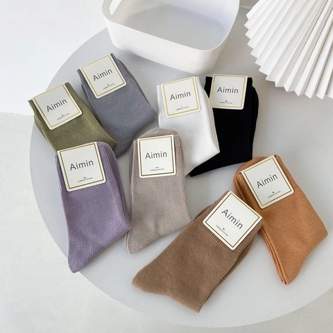 Women Crew Socks Combed Cotton Ribbed Morandi Solid Color Sweat Absorbent Japanese Preppy Style Mid Calf Slouch Socks