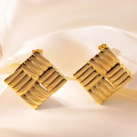 Geometric Square Stud Earrings 304 Stainless Steel French Vintage Textured Braided Pattern Light Luxury Retro For Women