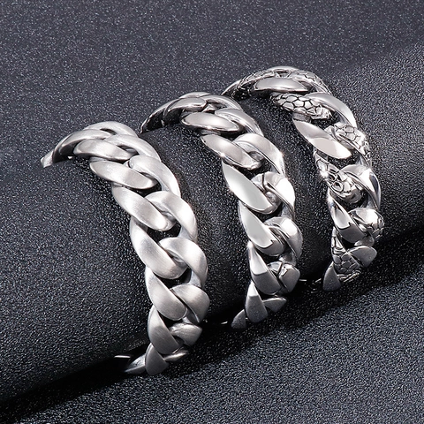 Bracciale Da Uomo Catena Cubana Acciaio Inossidabile 316L Motivo Serpente Lucido Spazzolato Gioielli Punk Hip Hop