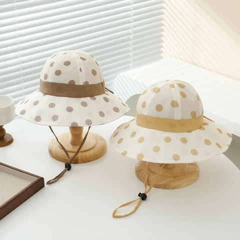 Cappello Alla Pescatora Bambina Misto Cotone Polka Dot Tesa Larga Protezione Solare Fiocco Corda Antivento Regolabile