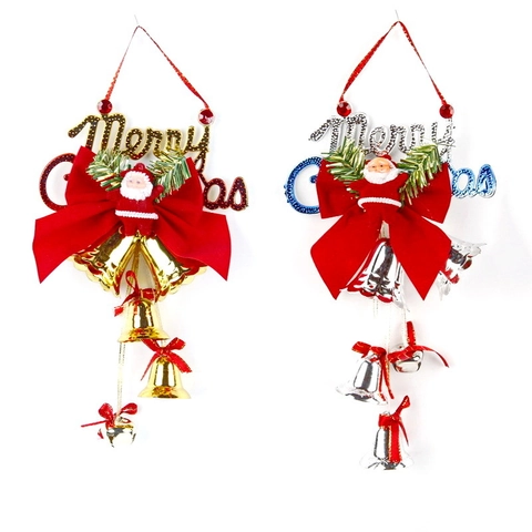 Christmas Hanging Bells Decor Merry Christmas Sign Large Red Bow Santa Claus Figurine Plastic Electroplated Holiday Pendant