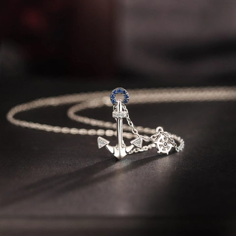 Collana Con Ancora E Timone In Argento Sterling 925 Pendente Nautico Zirconia Blu Bianco Stile Oceano Donne