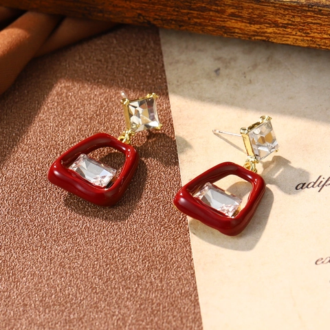 Orecchini A Lobo Geometrici Smalto Rosso Vintage Con 925 Sterling Silver Earring Post Lega Cuore Natale Per Donna