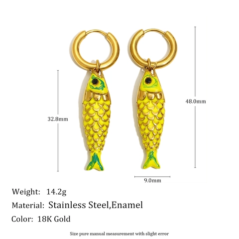 Stainless Steel Fish Dangle Hoop Earrings 18K Gold Plated Enamel Goldfish Animal Shape Jewelry For Women