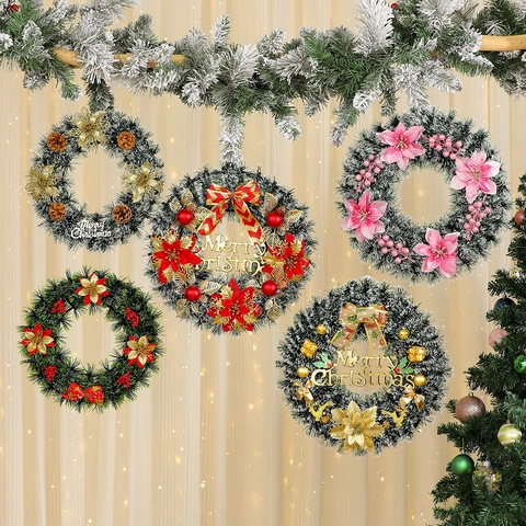 Artificial Christmas Wreaths For Front Door Hanging With Pine Cones Berries Bows Merry Christmas Sign Holiday Decor