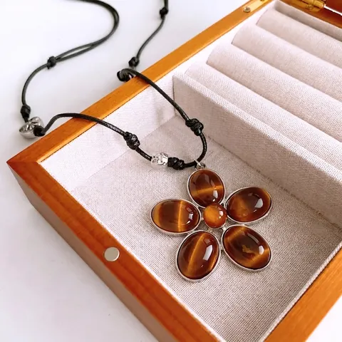 Collana Pendente Fiore Vintage Stile Occhio Di Tigre Resina Regolabile Corda Nera Boho Etnica Catena Maglione Lunga Donne