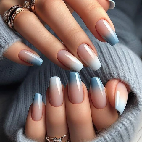 Uñas Postizas De Presión Degradado Rosa Azul Blanco Brillante Forma De Ataúd Larga Para Mujeres Manicura