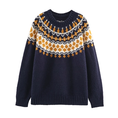 Pull En Maille Rétro Pour Femmes Bleu Marine Motif Géométrique Fair Isle Col Rond Manches Longues Pull Ample Doux