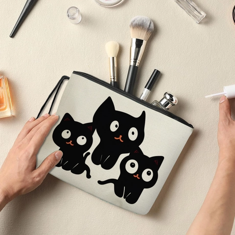Trousse Per Trucco Con Stampa Gatto Nero Cartone Animato Borsa In Tela Di Lino Con Cerniera E Cinturino