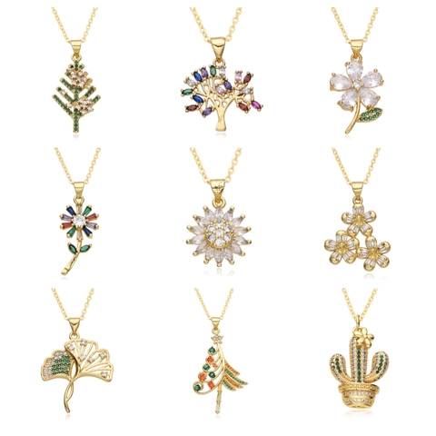 Fashion Copper Rhinestone Inlaid Pendant Necklace For Women Hollow Ginkgo Leaf Cactus Feather Tree Of Life Gold Plated Jewelry