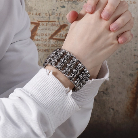 Stainless Steel Skull Head Bracelet Men Punk Gothic Wide Multi Row Link Chain Jewelry Hip Hop Heavy Metal Silver Tone