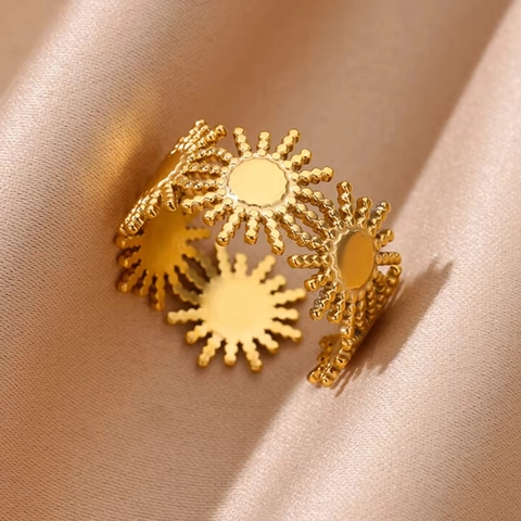 Hollow Flower Sun Stainless Steel 18K Gold Plated Open Adjustable Ring Niche Design Trendy Jewelry Women