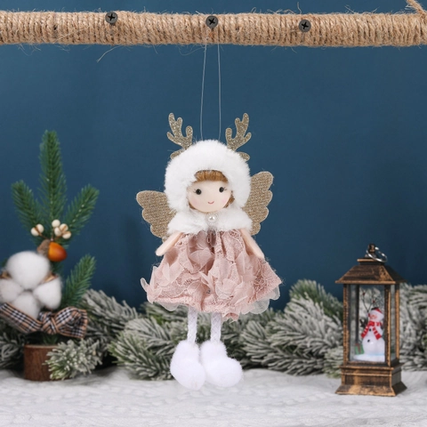 Christmas Angel Doll Hanging Ornaments With Reindeer Antler Artificial Pearl Collar Lace Dress Plush Wings Holiday Tree Decorations