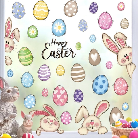 Easter Window Clings Bunny Egg Pattern PVC Static Wall Stickers Waterproof For Holiday Home Glass Decor Cute Cartoon