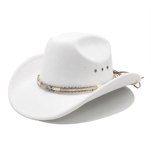Western Cowboy Hat Wool Felt Wide Brim With Turquoise Bead Metal Feather Vintage Ethnic Style For Men Women