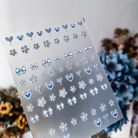 Adesivi Per Unghie Rilievo 5D Blu Chiaro Fiore Cuore Fiocco PET Adesivo Decorazione Manicure Fai Da Te Design Bianco Elegante
