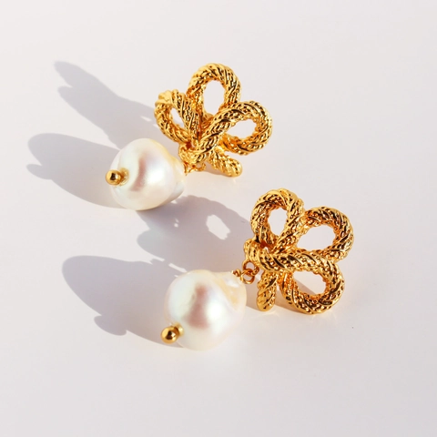 Vintage Brass Bowknot Drop Earrings For Women Artificial Pearl Dangle Earrings With 925 Sterling Silver Post Gold Plated