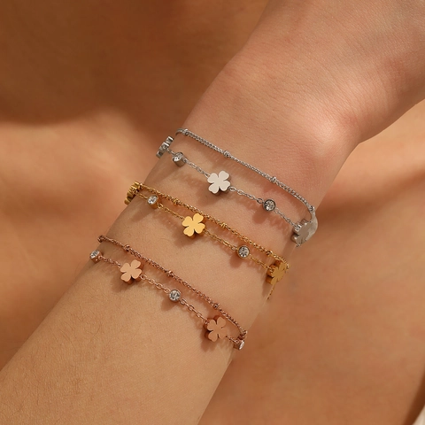 Bracciale Trifoglio A Strati Acciaio Inossidabile Intarsio In Zircone Gioielli Di Moda Per Donna Fascino Elegante