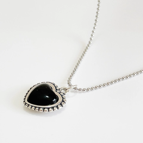 Collana Con Pendente A Cuore Vintage Argento Sterling 925 Con Agata Nera Bordo Con Perline Milgrain Catena A Sfere Da Donna