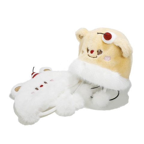 Cute Cartoon Bear Plush Earflap Hat Winter Warm Windproof Lei Feng Hat With Cherry And Pompoms For Women