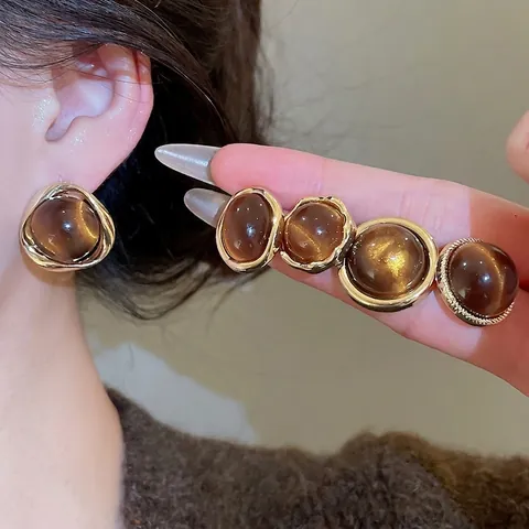 Vintage Tiger Eye Stone Stud Earrings With Silver Earring Post 18K Gold Plated Geometric Elegant Jewelry For Women