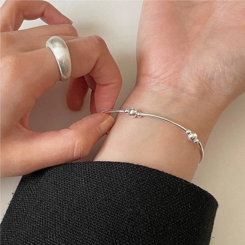 925 Sterling Silver Round Bead Elastic Bracelet Minimalist Geometric Thin Line Bangle Women