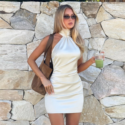 Sexy Neckholder Satin Minikleid Rückenfrei Gerafft Bodycon Cocktail Party Abendkleid Für Damen
