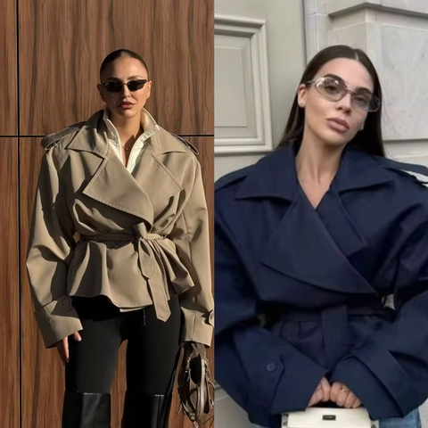 Dames Korte Trenchcoat Polyester Double Breasted Met Riem Revers Lange Mouwen Casual Modieuze Jas