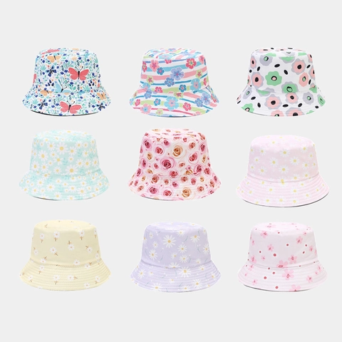 Floral Daisy Print Bucket Hat Polyester Cotton Reversible Outdoor Summer Sun Protection Breathable For Women