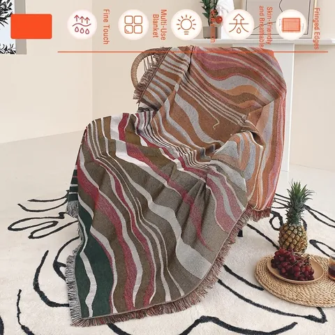 Bohemian Cotton Knitted Throw Blanket Wave Pattern Fringe Tassels Sofa Couch Cover Decorative Tapestry Outdoor Camping Wrap