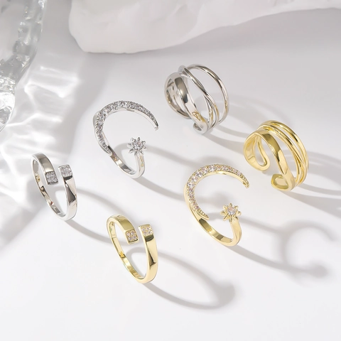 Copper Rhinestone Adjustable Open Ring Simple Moon Star Geometric Multi Layer Ring Gold Silver Finger Jewelry For Women