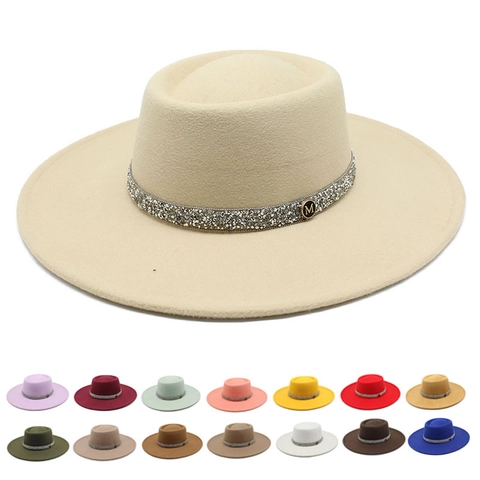 Wide Brim Fedora Hat Woolen Felt With Rhinestone Band And Metal M Logo Elegant Vintage Fashion For Men Women