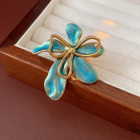 Anillo Abierto De Flor Vintage Acero Inoxidable Chapado En Oro Esmalte Azul Goteo De Aceite Ajustable Joyería Para Mujer