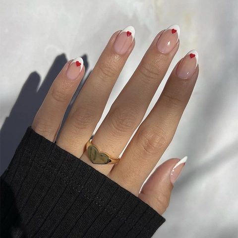 Unghie Press On French Tip Ovali Unghie Finte Bordo Bianco Con Motivo Cuore Rosso Nude Rosa Eleganti Unghie Finte Lunghe