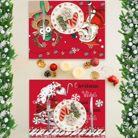 Red Christmas Table Placemats Cartoon Santa Claus Gnome Reindeer Print Heat Resistant Fabric Holiday Dining Decor