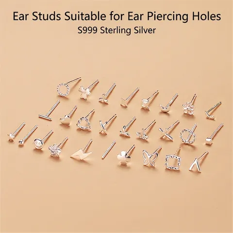 Minimalist Stud Earrings With S999 Fine Silver Hypoallergenic Geometric Flower Heart Tiny Jewelry For Women
