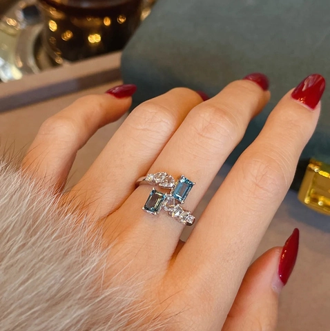 Copper Adjustable Ring Rectangular Blue Cubic Zirconia Asymmetric Geometric Luxury Elegant Jewelry For Women