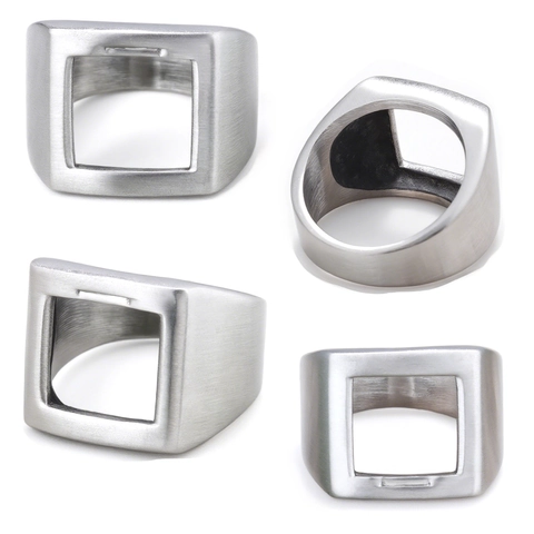 Brushed Stainless Steel Ring Geometric Hollow Square Bottle Opener Function Industrial Punk Style Wide Band Unisex