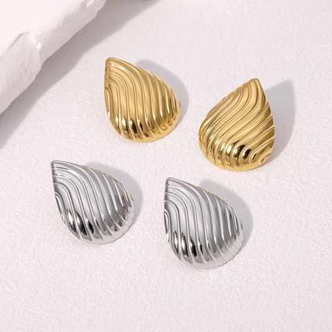 Stainless Steel Water Drop Stud Earrings Ripple Texture Minimalist Teardrop Design For Women Fashion Jewelry Daily Accessory