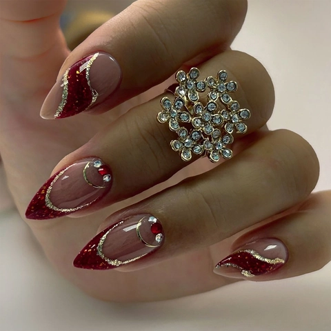 Unghie Finte Press On Forma Mandorla French Rosso Glitter Lustrini Strass Lucido Elegante Accessorio Manicure