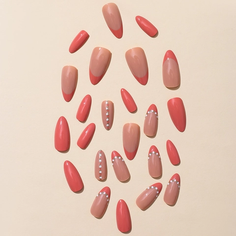 Unghie Finte Press On Forma Mandorla Stile Francese Corallo Rosa Nude Plastica ABS Manicure DIY Unghie Rimovibili