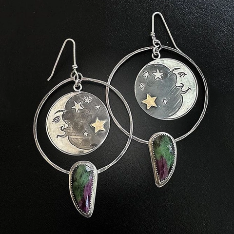 Orecchini Pendenti Boho Vintage Con Rubino In Zoisite Luna E Stella Celestiale Lega Argento Antico Per Donne