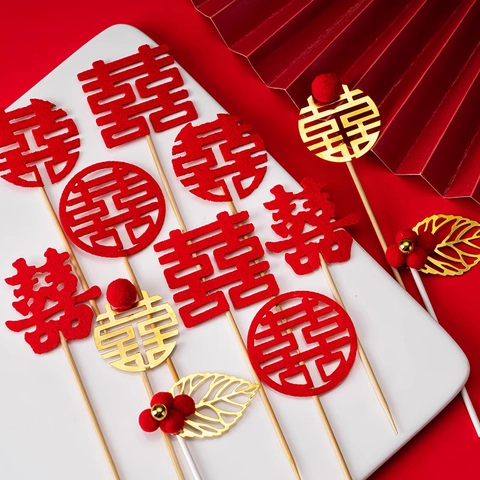 Chinesische Hochzeitstortendeko Und Silikonformen Double Happiness Xi Zeichen Dekoration Filz Gold Acryl Für Verlobung Traditionelle Backwaren Dekor