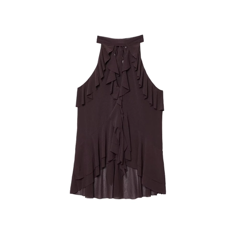 Women Halter Neck Sleeveless Top Chiffon Multi Layer Ruffle Tiered Tie Back Solid Color Summer Elegant Blouse
